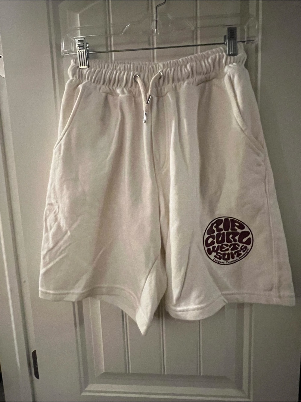 Rip Curl White Sweat Material Short with Brown Rip Curl Logo, size 4